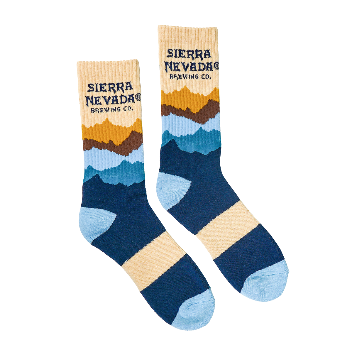 Sierra Nevada multicolor Mountain Range Socks side-by-side showing mountain design