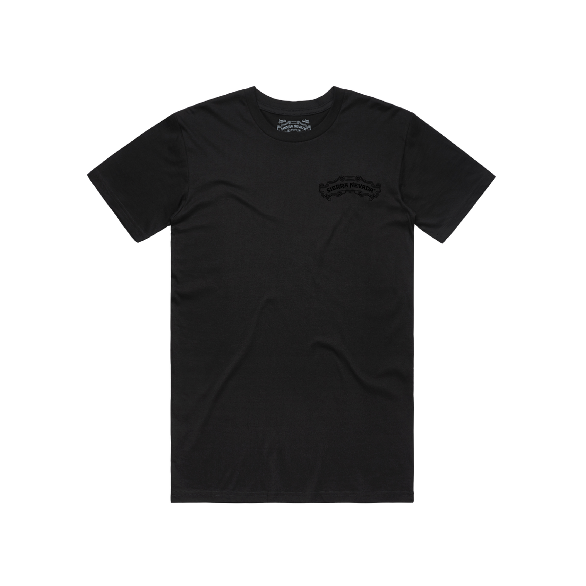 Black t-shirt with a small logo on the chest against a white background