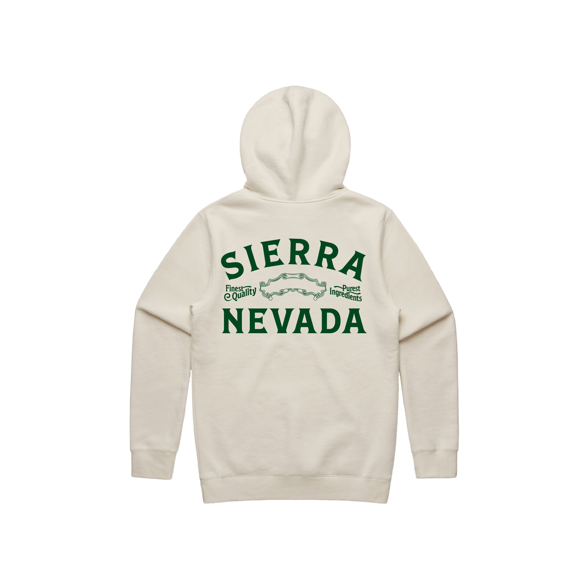 Cream hoodie with 'Sierra Nevada' text on the back against a white background