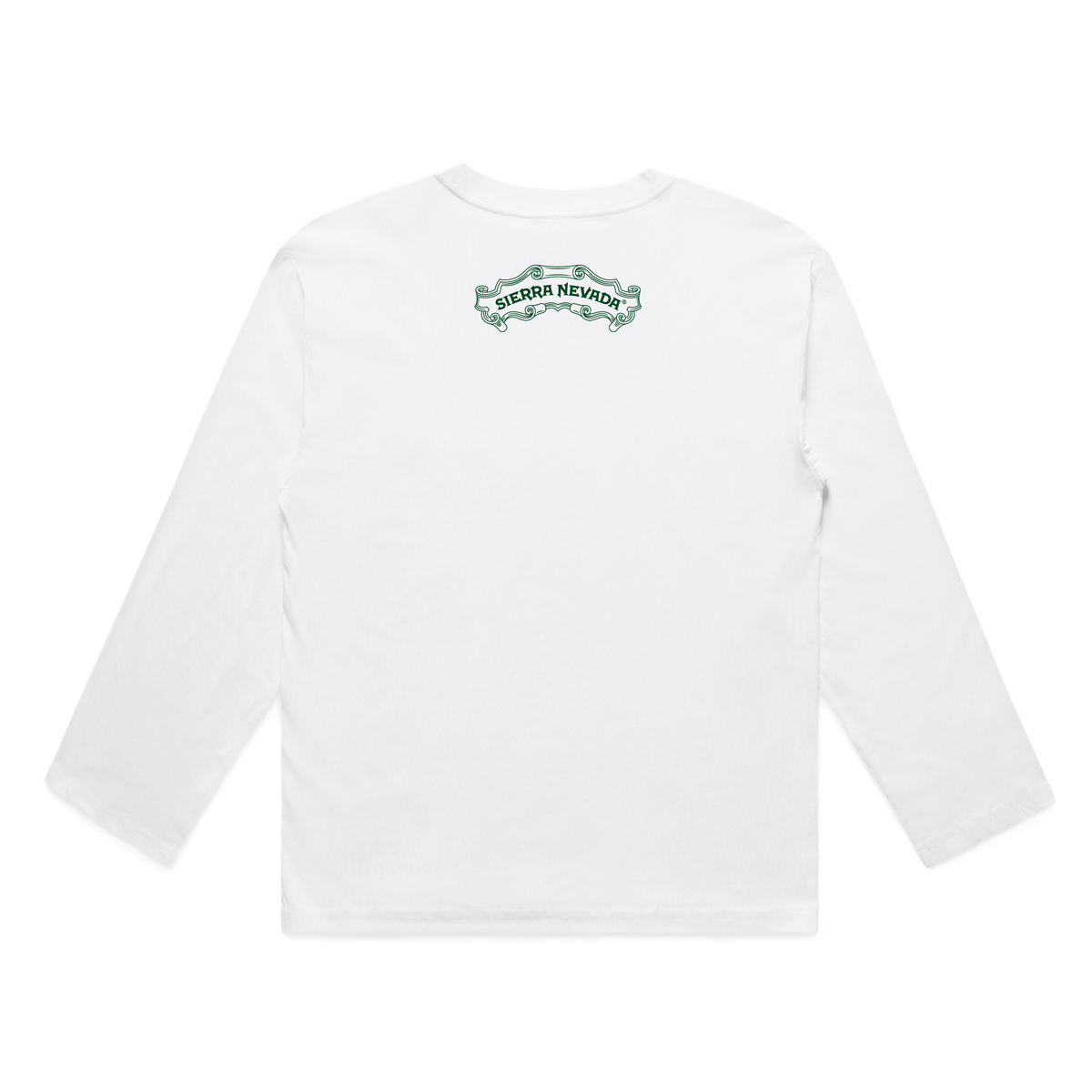 White long-sleeve shirt with a logo on the chest against a white background