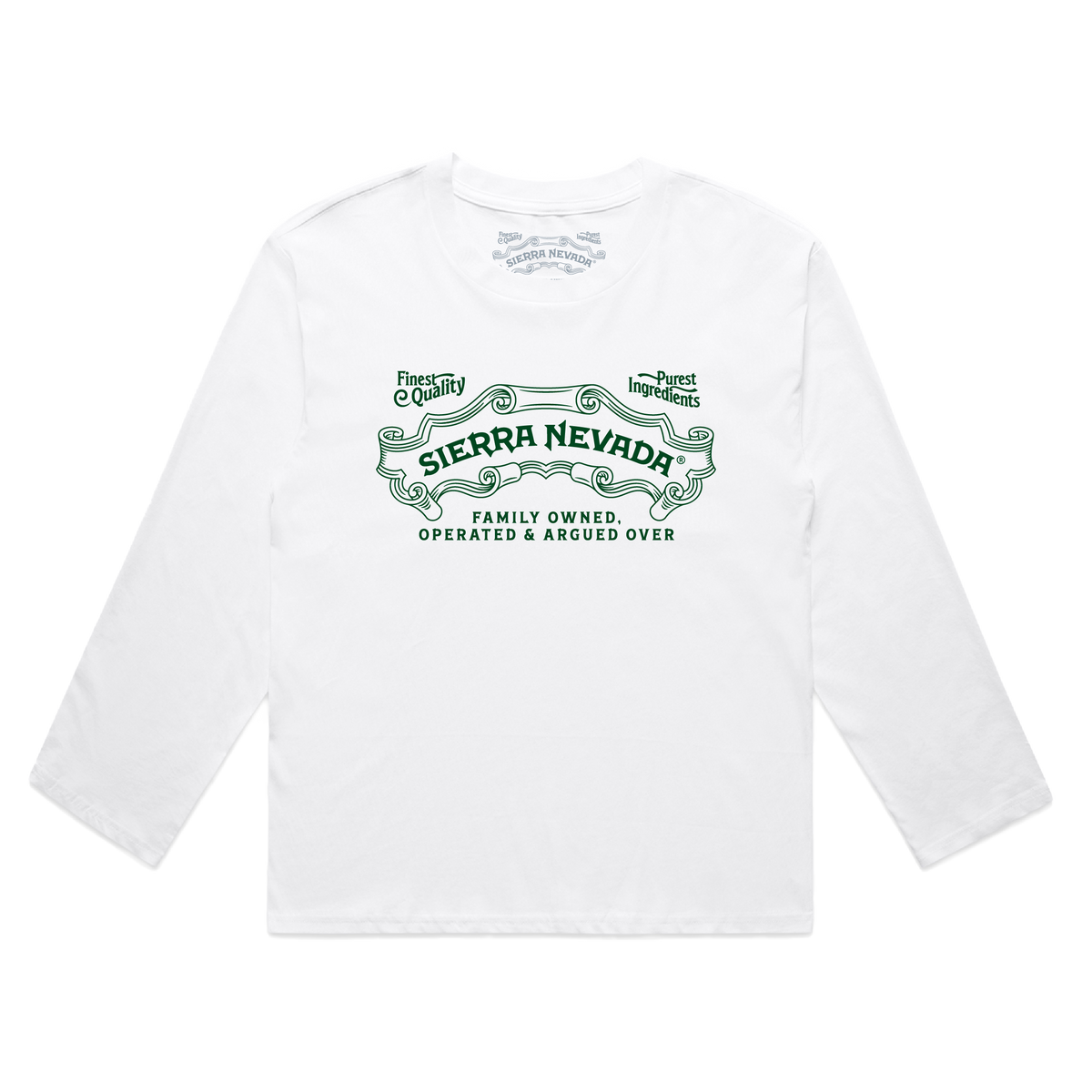 White long-sleeve shirt with Sierra Nevada logo on a white background