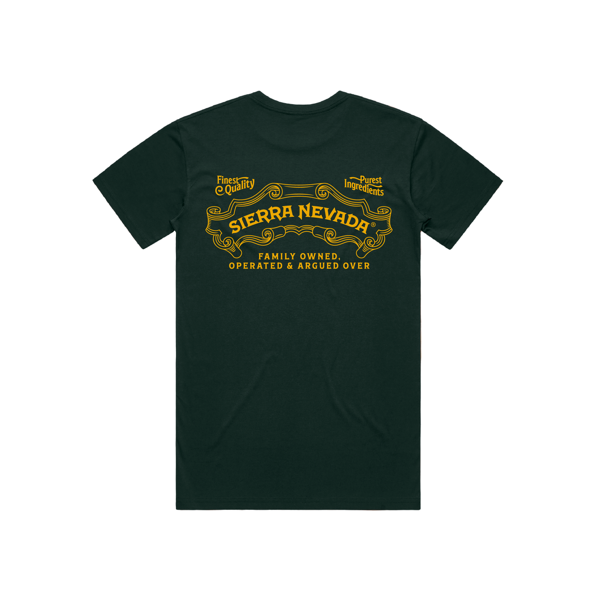 Dark green t-shirt with yellow Sierra Nevada branding on a white background