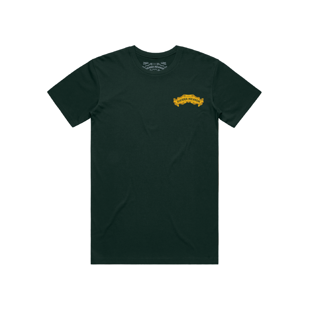 Dark green t-shirt with a yellow logo on a white background