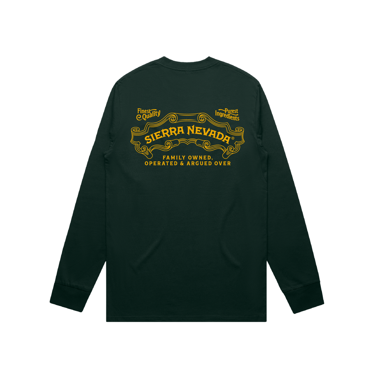 Dark green long-sleeve shirt with yellow text on a white background