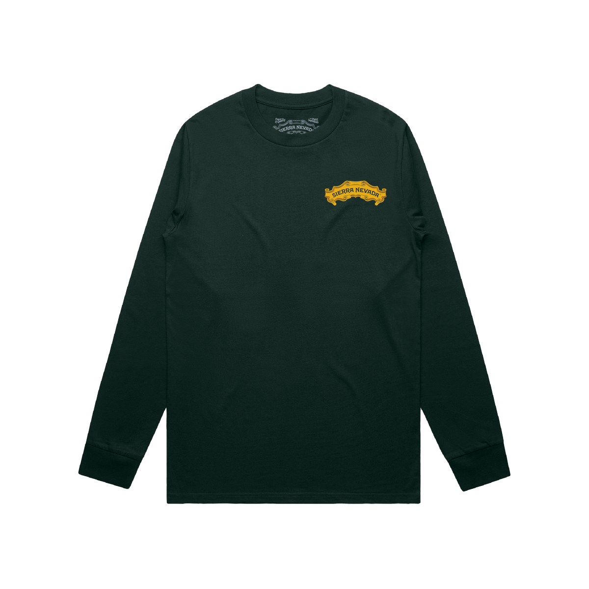 Black long-sleeve shirt with a yellow logo on a white background