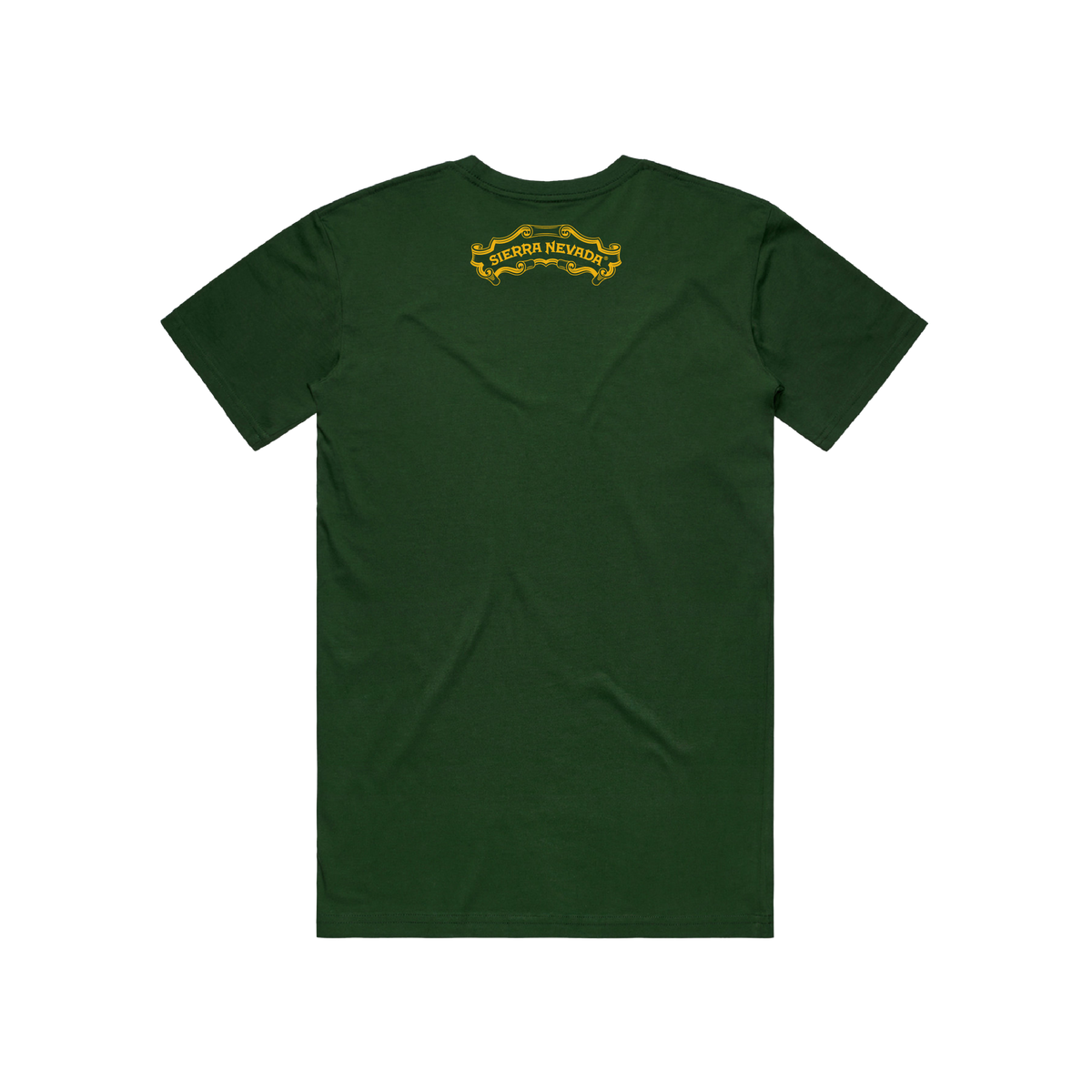 Green t-shirt with a yellow logo on the chest against a white background