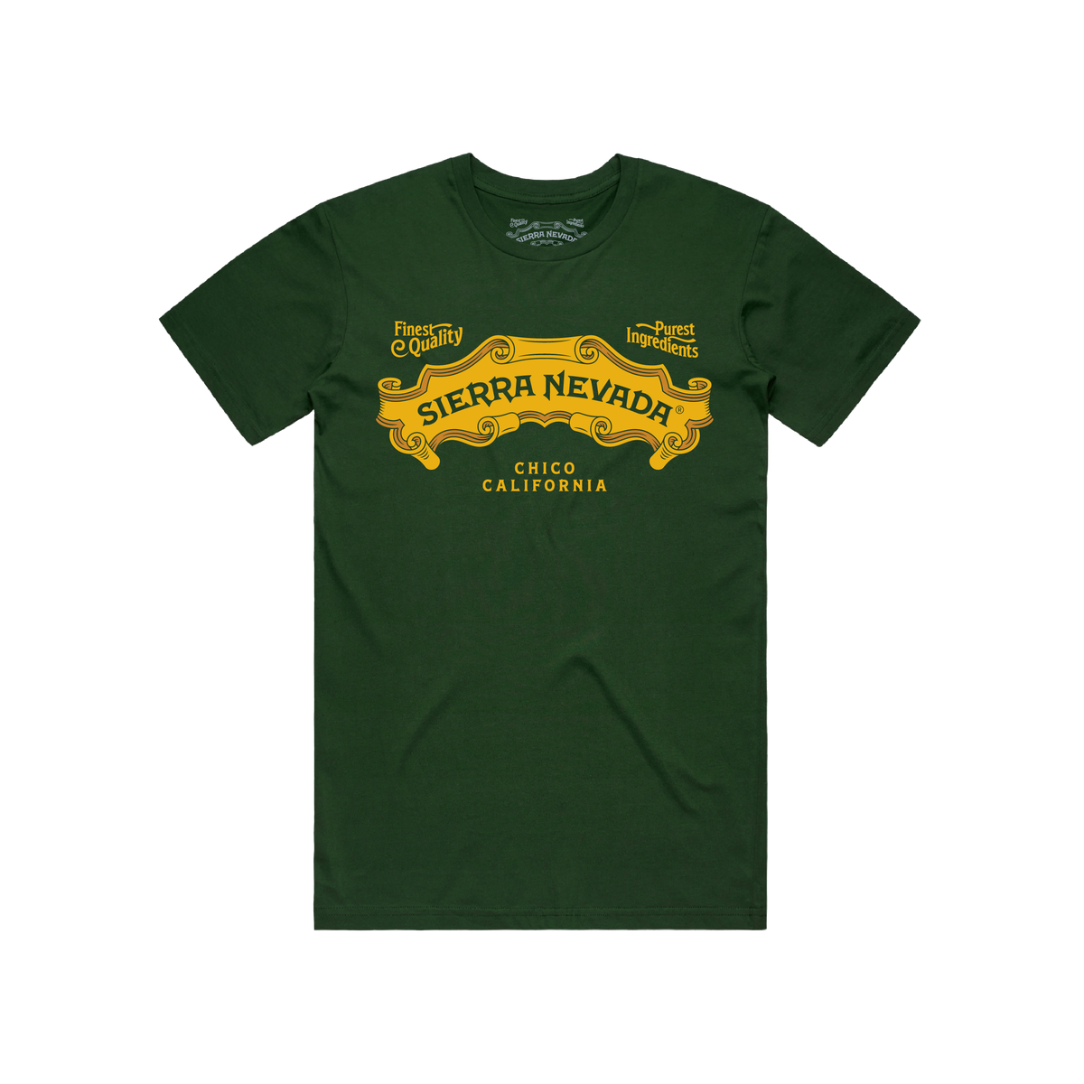 Green t-shirt with yellow Sierra Nevada logo on a white background
