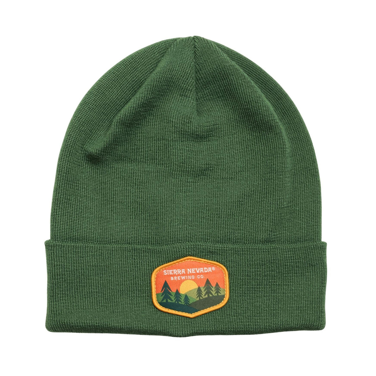 Green beanie with a patch on a white background