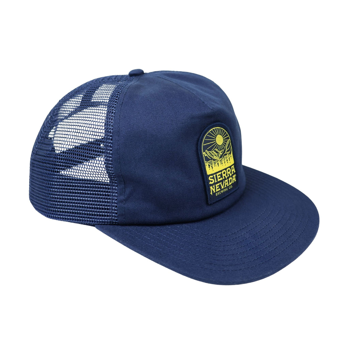 Blue mesh cap with a yellow logo on a white background
