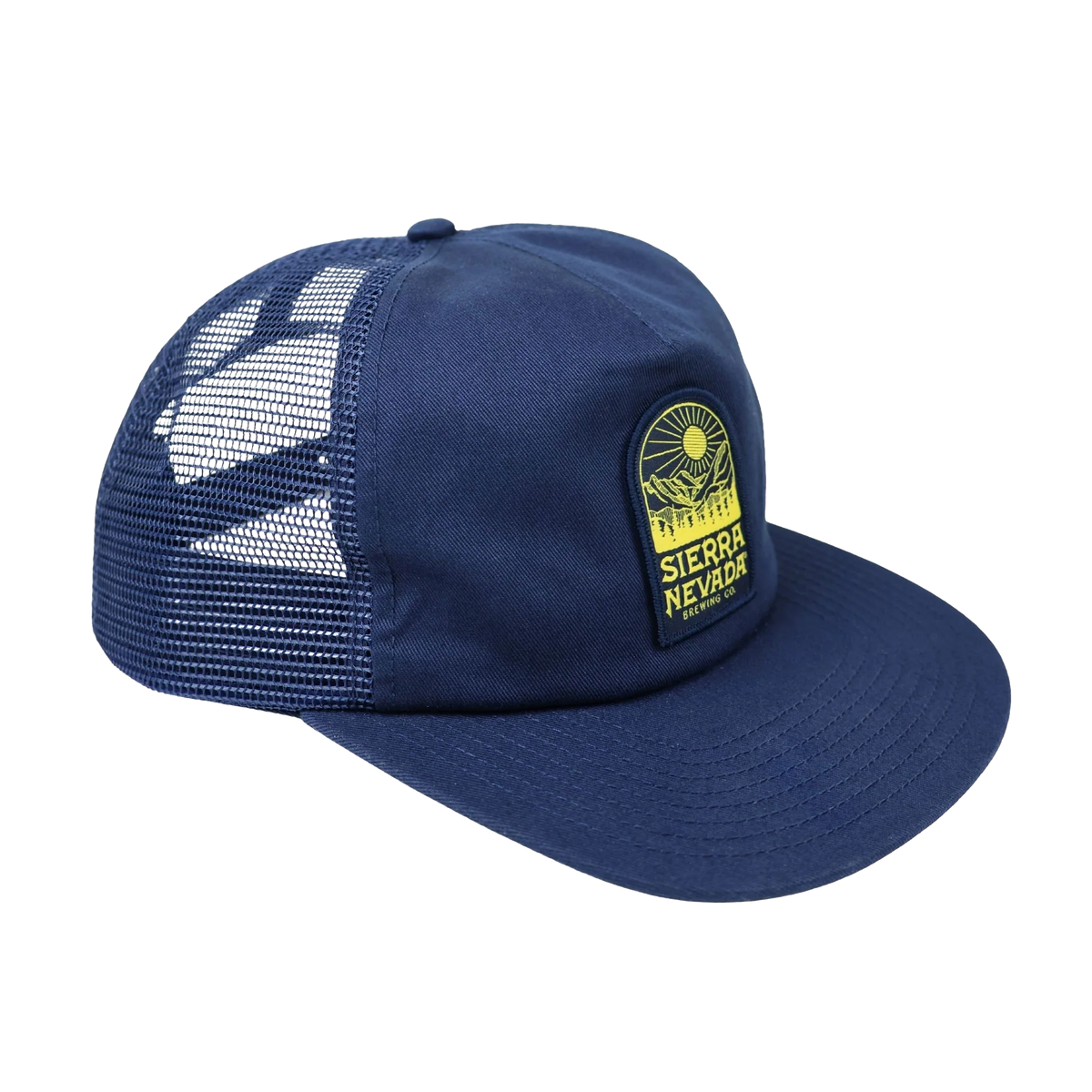 Blue trucker cap with mesh back and 'Sierra Nevada' logo on a white background