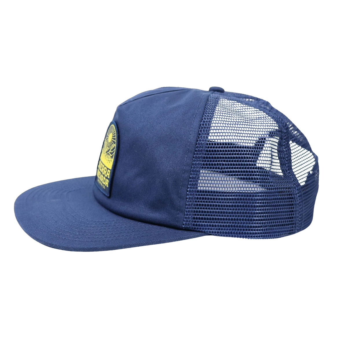 Blue mesh cap with a yellow patch on a white background