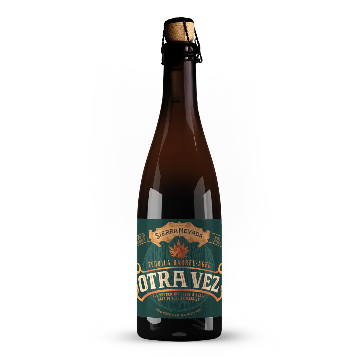Bottle of Sierra Nevada Otra Vez beer with a green label on a white background