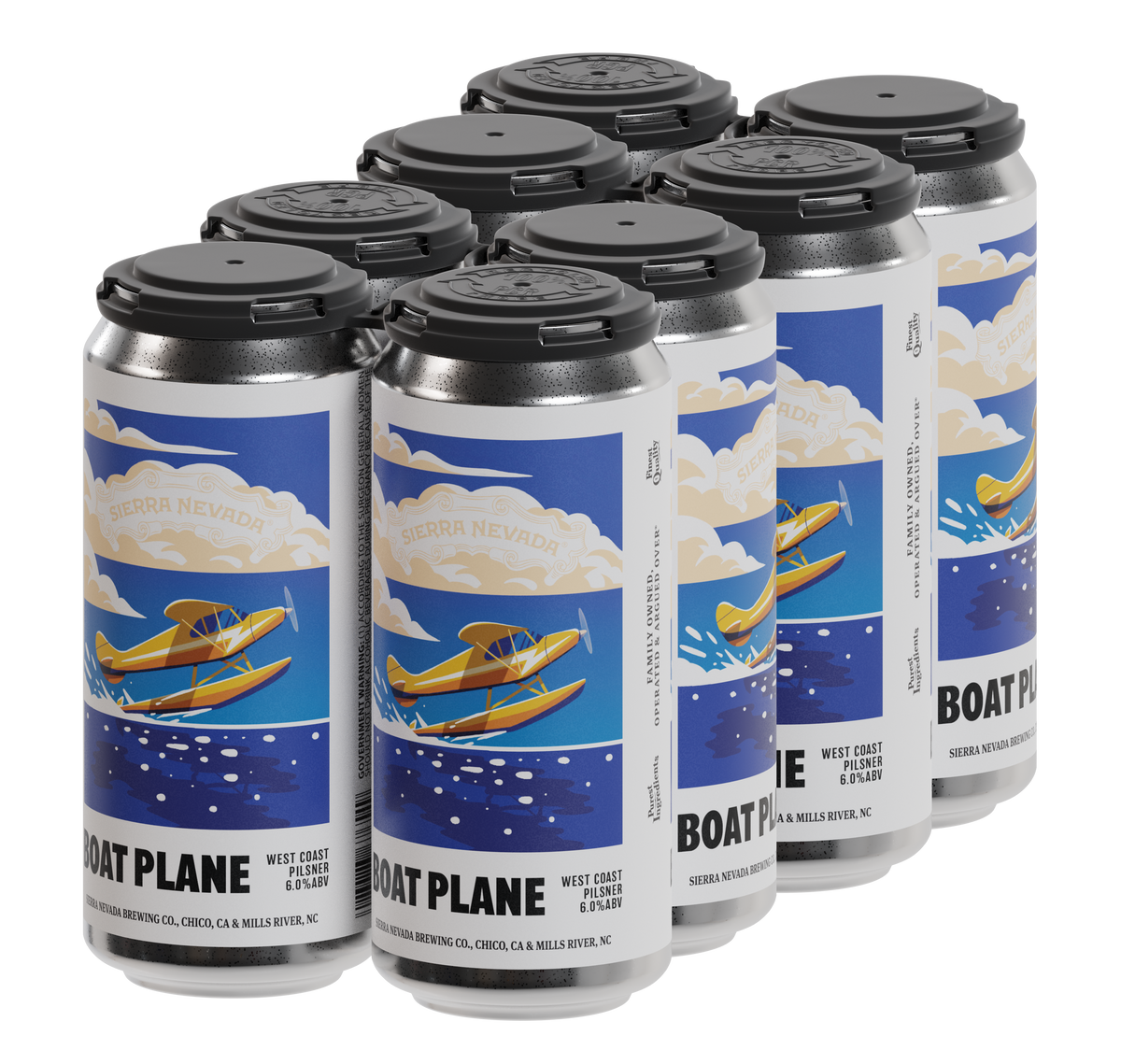 Eight cans of Boat Plane beer with airplane illustration on a white background