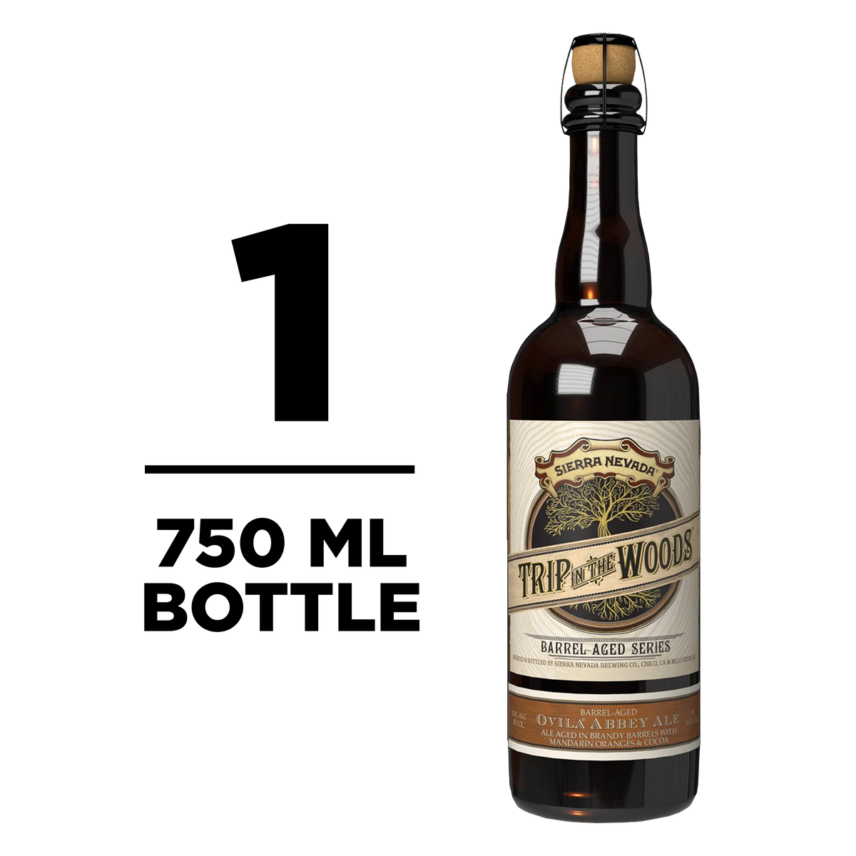 A single bottle of Sierra Nevada Trip in the Woods Barrel Aged Series ale on a white background, with large black text on the left reading '1 750 ML BOTTLE'.