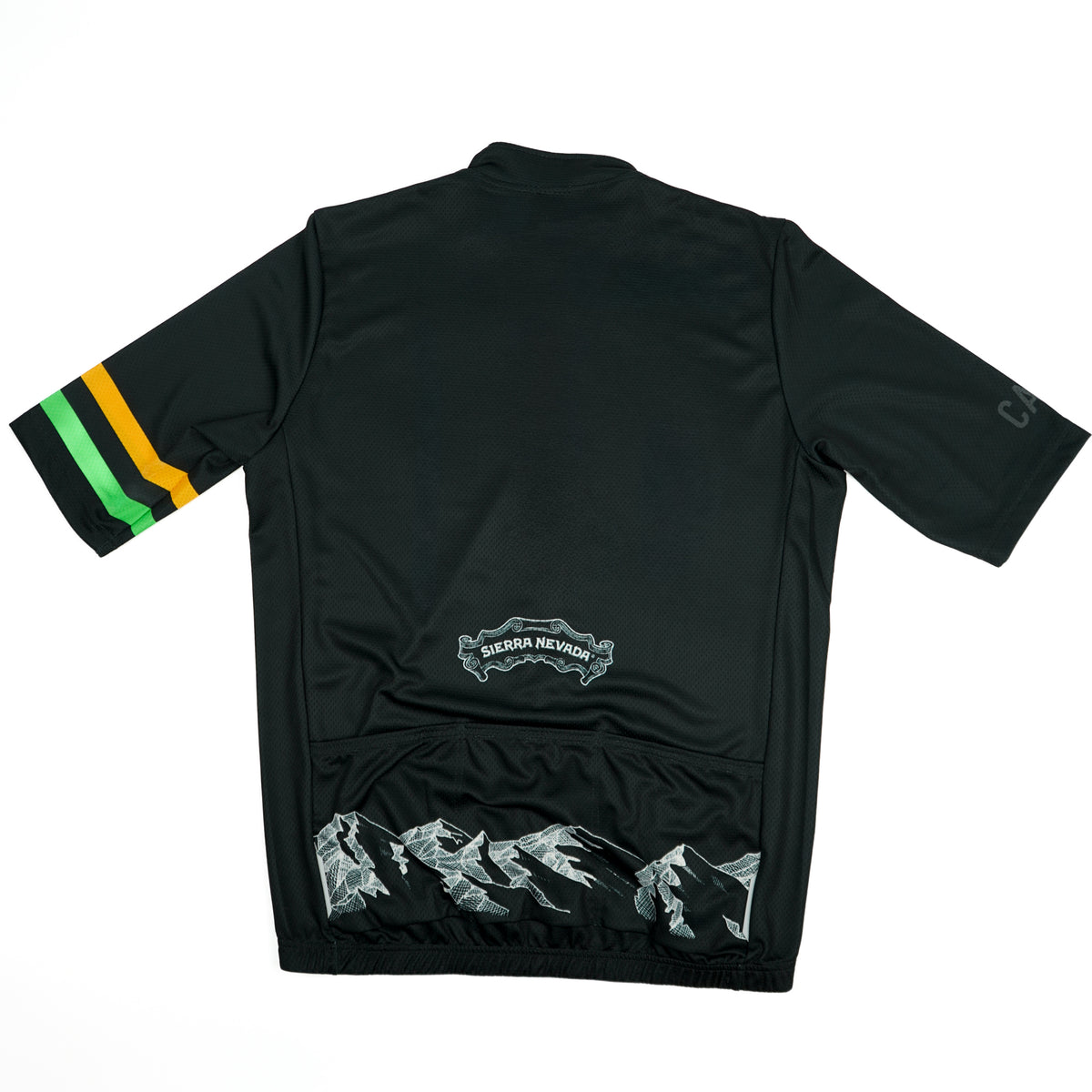 Black athletic shirt with colorful sleeves and branding on a white background