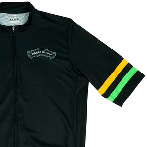 Thumbnail of Black cycling jersey with colorful arm stripes on a white background
