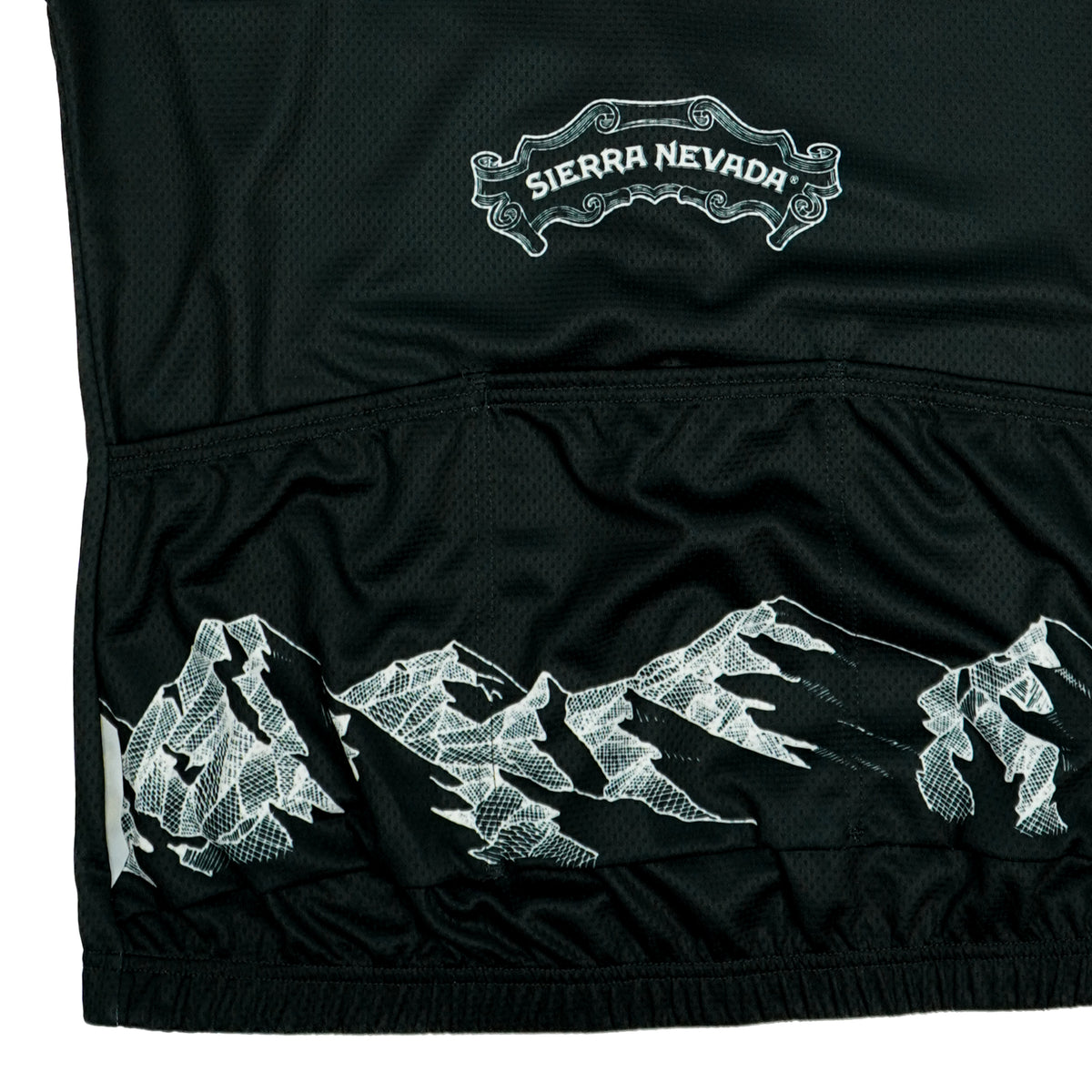 Black cycling jersey with white mountain design and Sierra Nevada logo on a black background