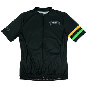 Thumbnail of Black cycling jersey with colorful sleeves on a white background