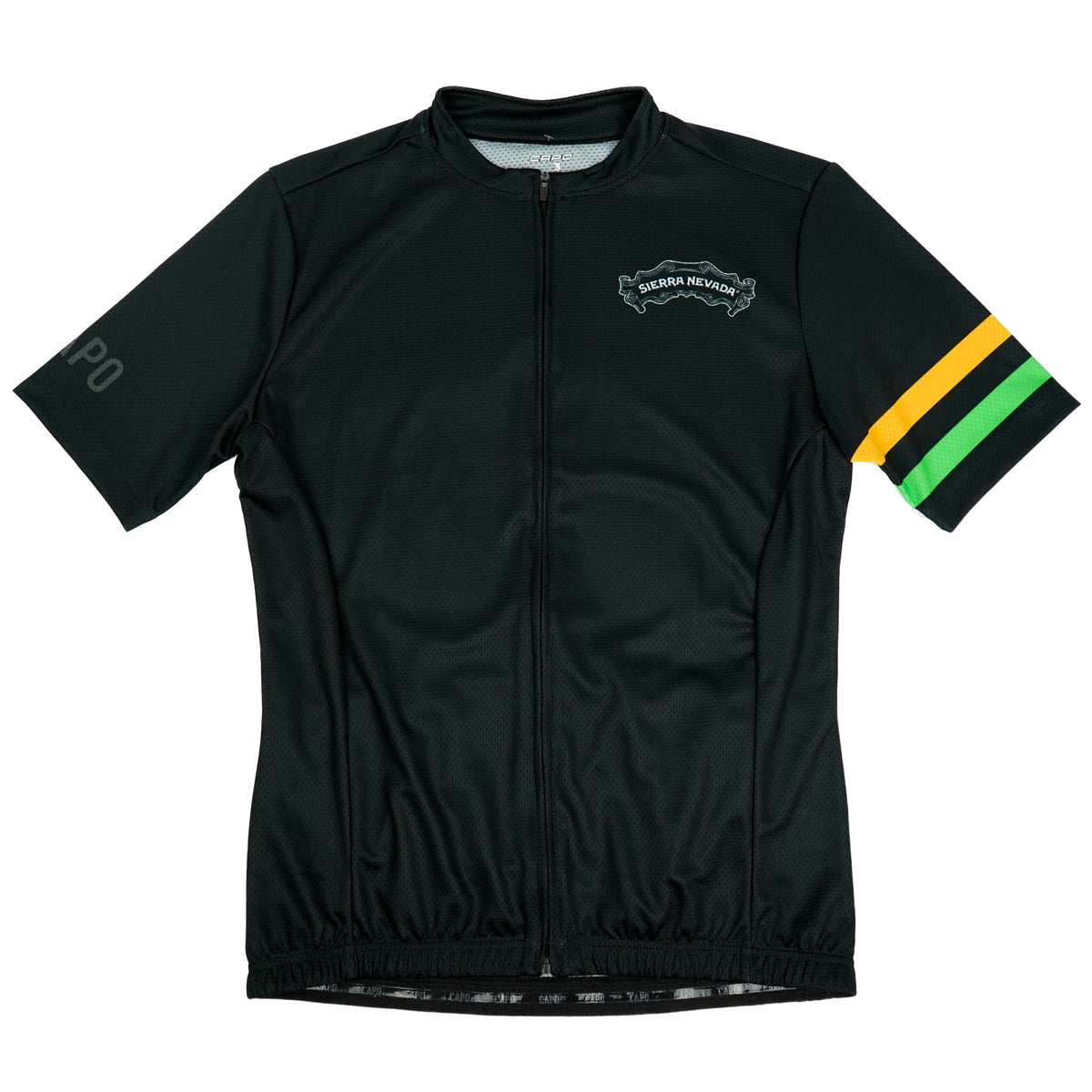 Black cycling jersey with colorful sleeves on a white background