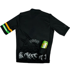 Thumbnail of Black cycling jersey with mountain design and colorful sleeves on a white background