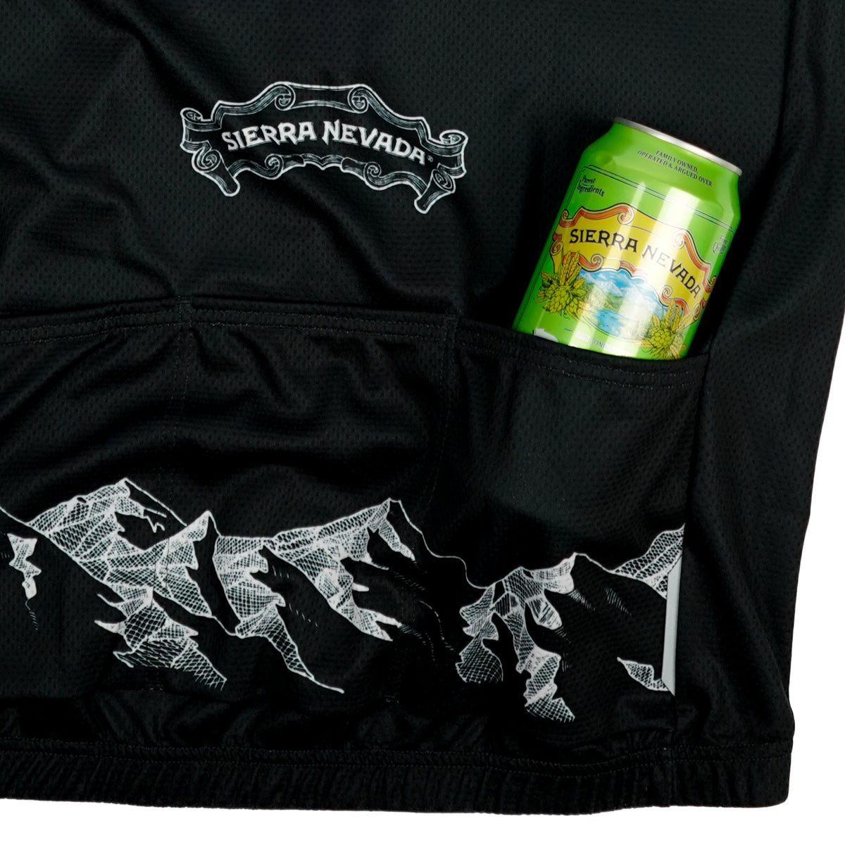Black shorts with mountain design and Sierra Nevada branding, featuring a can of Sierra Nevada beer.