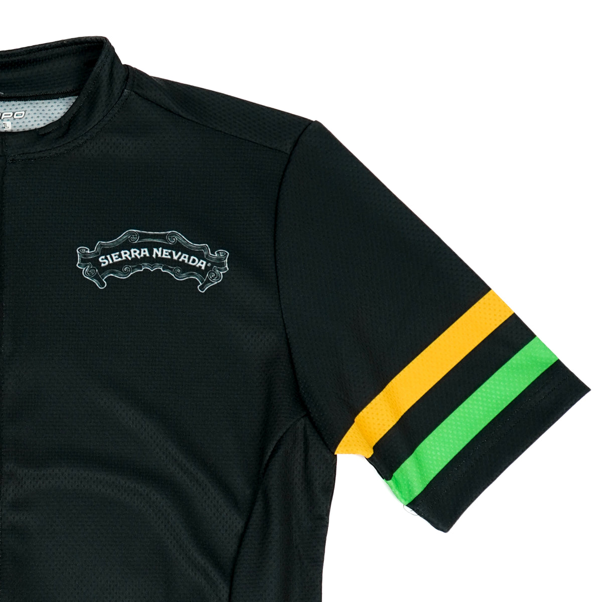 Black athletic shirt with Sierra Nevada logo and colorful sleeves on a white background