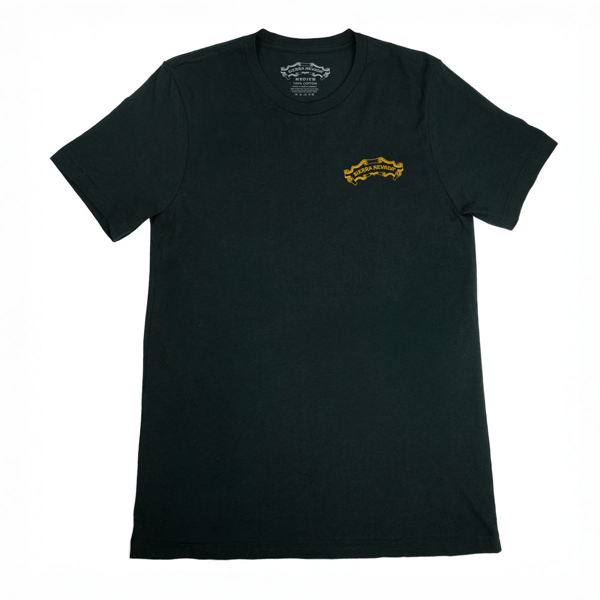 Black t-shirt with a yellow logo on a white background