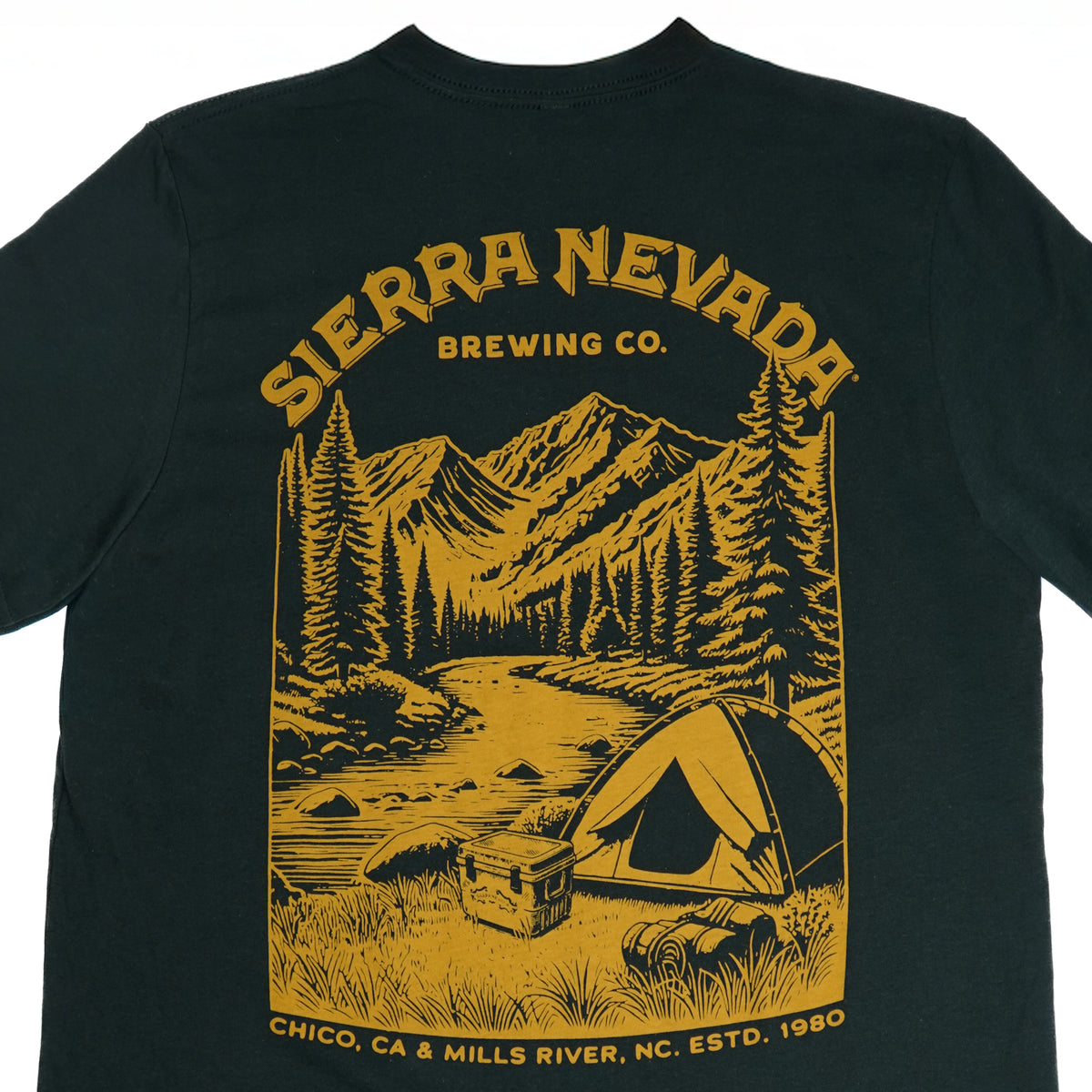 Black t-shirt with yellow Sierra Nevada Brewing Co. graphic of a camping scene.