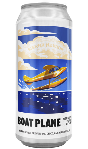 Thumbnail of Beer can with 'Boat Plane' design featuring a yellow airplane and blue sky on a white background