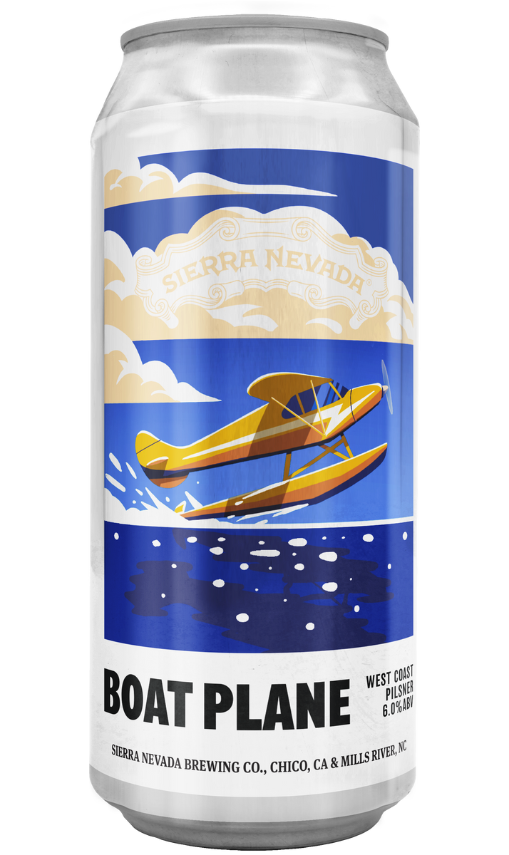 Beer can with 'Boat Plane' design featuring a yellow airplane and blue sky on a white background