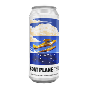Thumbnail of A 16 oz aluminum can of Sierra Nevada Boat Plane IPA on a clean white background. The label features a retro illustration of a yellow seaplane flying over blue water under a blue sky with cream clouds.