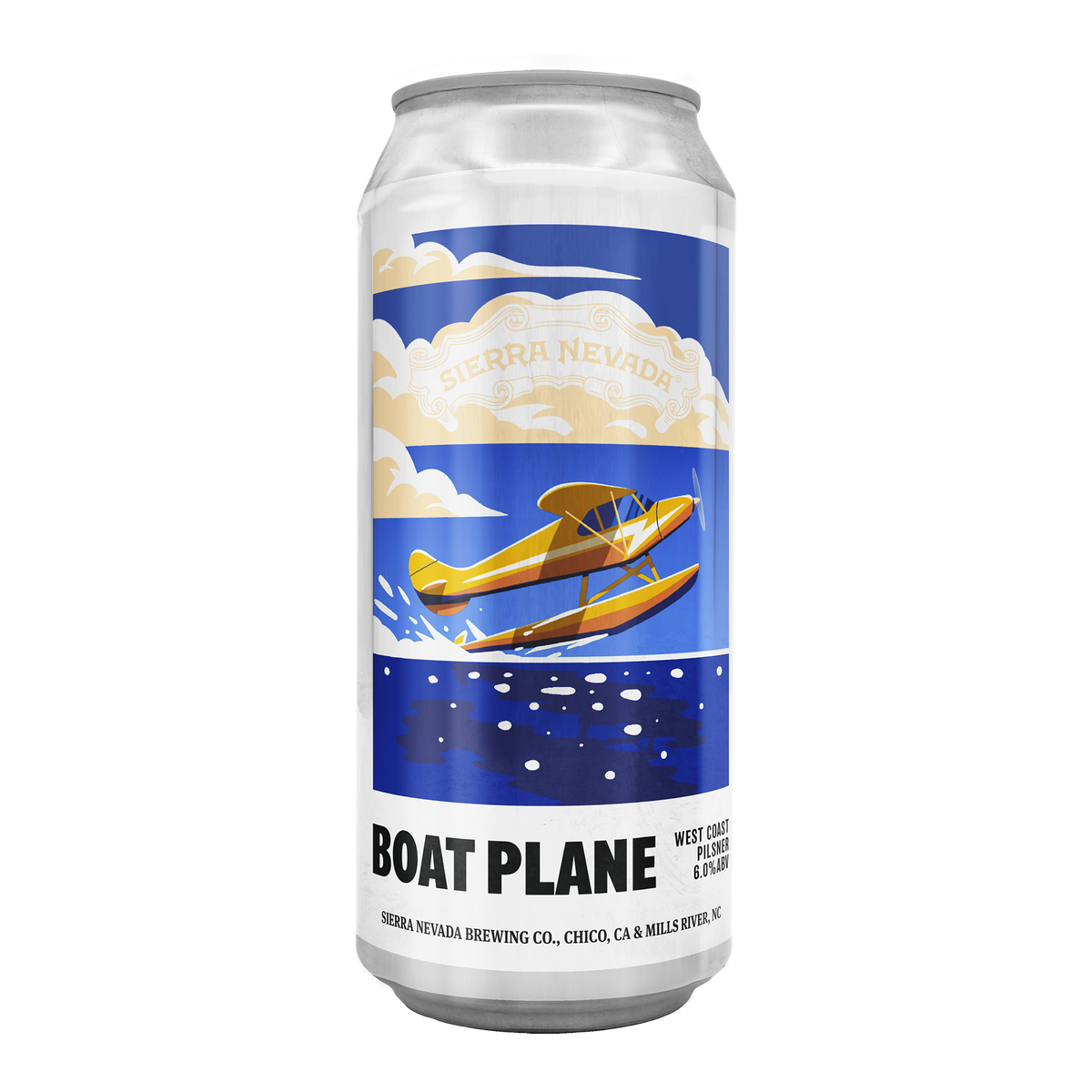 A 16 oz aluminum can of Sierra Nevada Boat Plane IPA on a clean white background. The label features a retro illustration of a yellow seaplane flying over blue water under a blue sky with cream clouds.