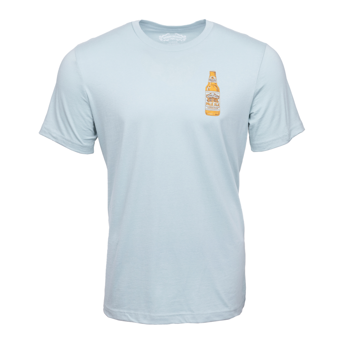 A light blue short-sleeve crewneck t-shirt featuring a small graphic print of a beer bottle on the left chest, displayed against a solid white background.