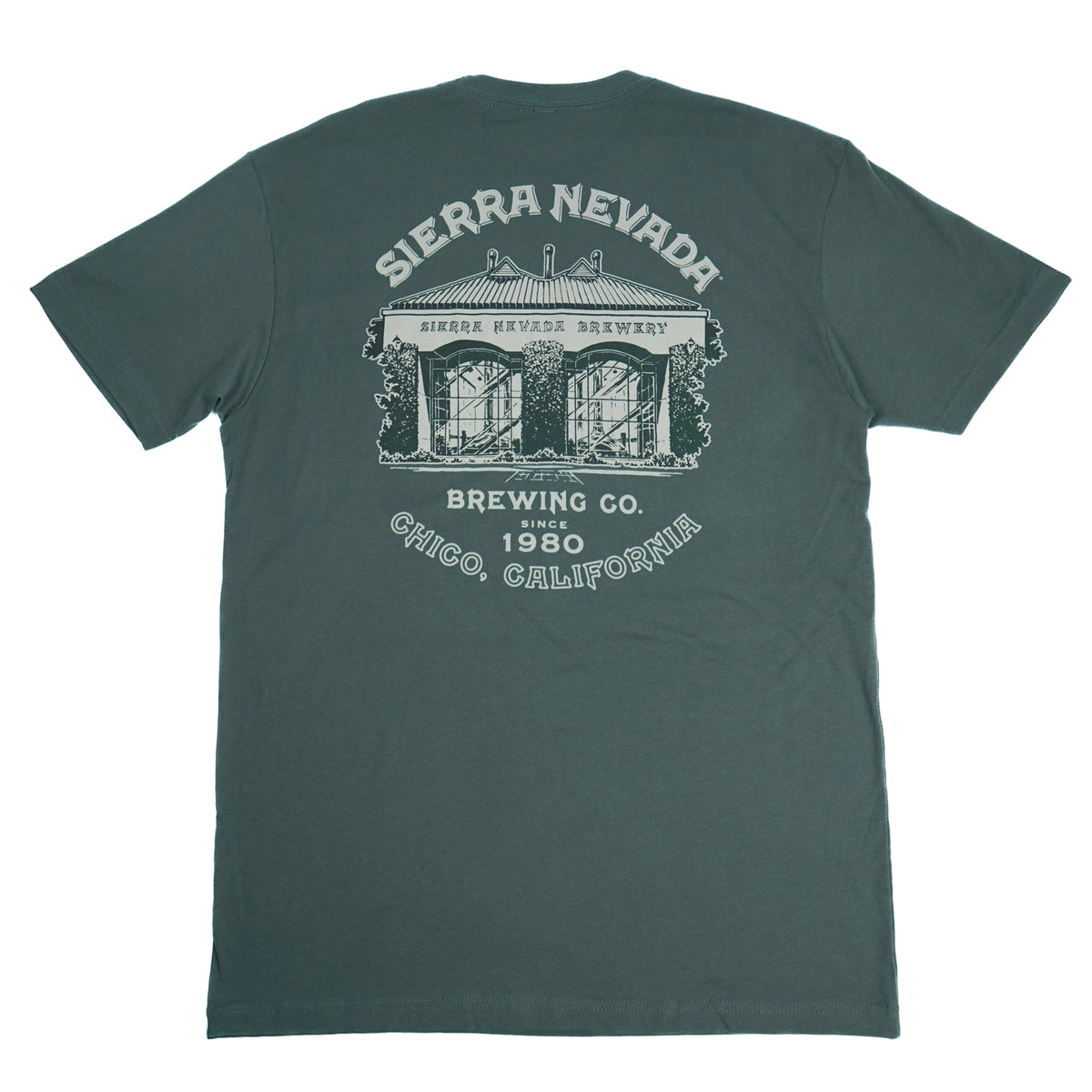 Green t-shirt with Sierra Nevada Brewing Co. graphic on a white background