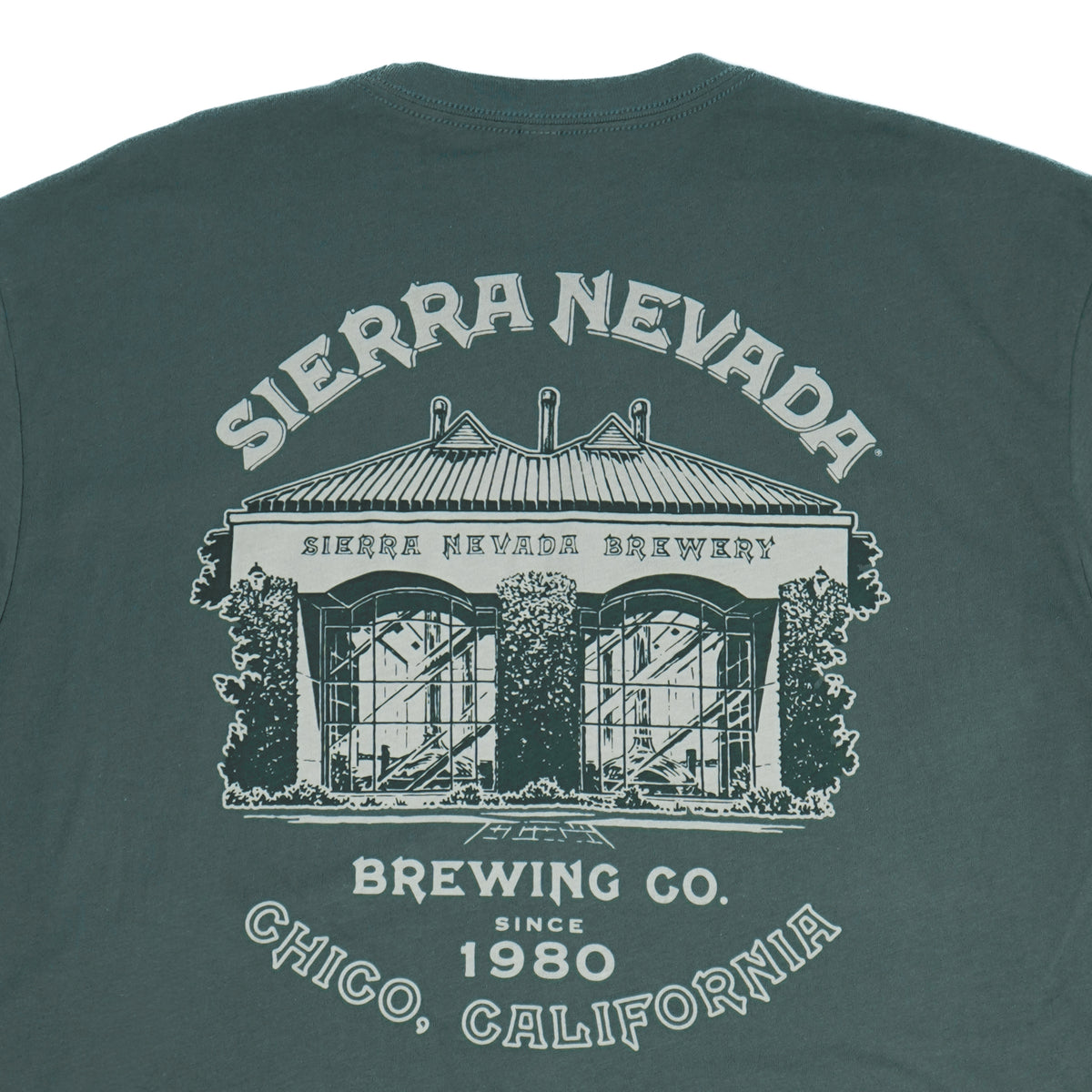 Green t-shirt with Sierra Nevada Brewing Co. graphic on a white background