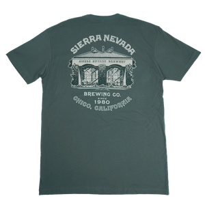 Thumbnail of A dark green t-shirt showing the back side, which features a light green graphic print of the Sierra Nevada Brewing Co. logo and text on a white background.