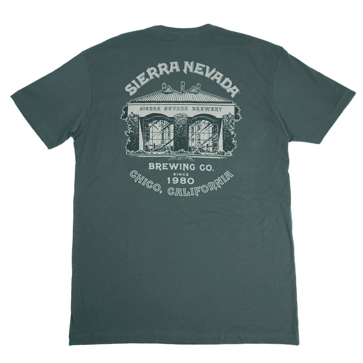 A dark green t-shirt showing the back side, which features a light green graphic print of the Sierra Nevada Brewing Co. logo and text on a white background.