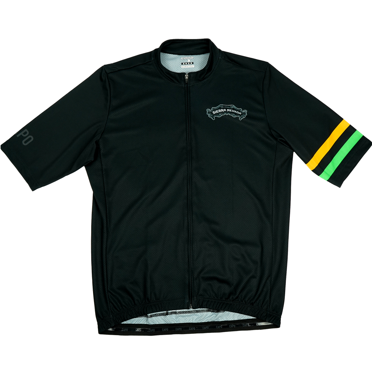 A black short-sleeve cycling jersey with a full-length front zipper, featuring a green outlined 'Sierra Nevada' logo on the left chest and three diagonal stripes in green, yellow, and black on the right sleeve.
