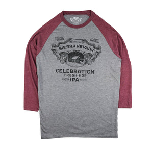Thumbnail of Gray and red baseball shirt with Sierra Nevada Celebration Fresh Hop IPA design on a white background