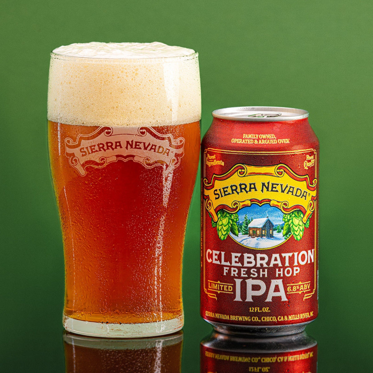 Sierra Nevada Celebration Fresh Hop IPA glass and can on a green background