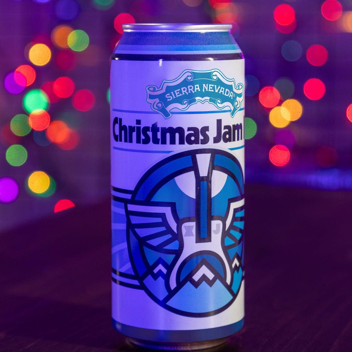 Sierra Nevada Christmas Jam beer can with colorful lights in the background