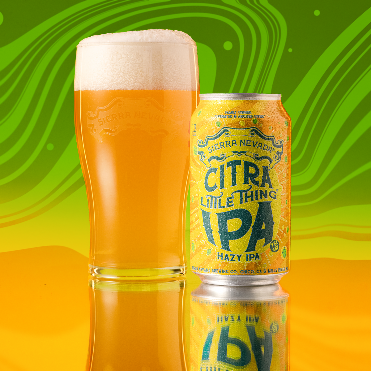 Citra Little Thing IPA can and glass with a colorful background