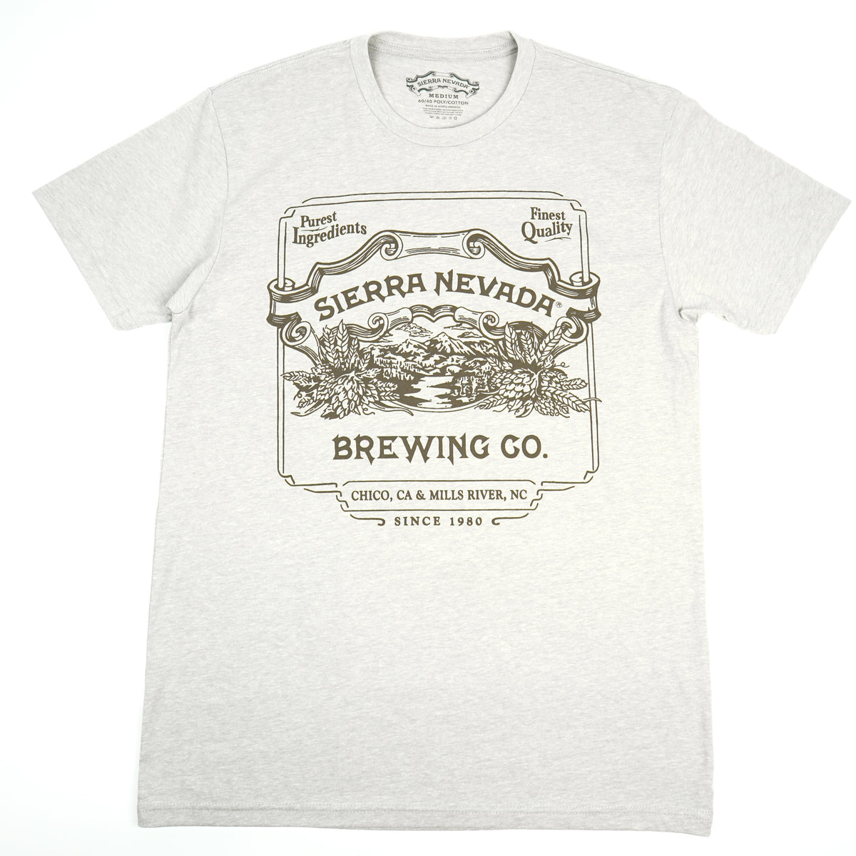 White t-shirt with Sierra Nevada Brewing Co. graphic on a white background