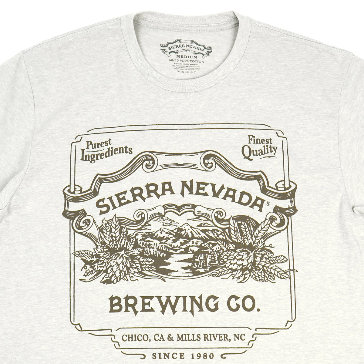 White t-shirt with Sierra Nevada Brewing Co. graphic design on a white background