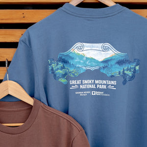 Thumbnail of Two t-shirts with Great Smoky Mountains National Park designs on a wooden background
