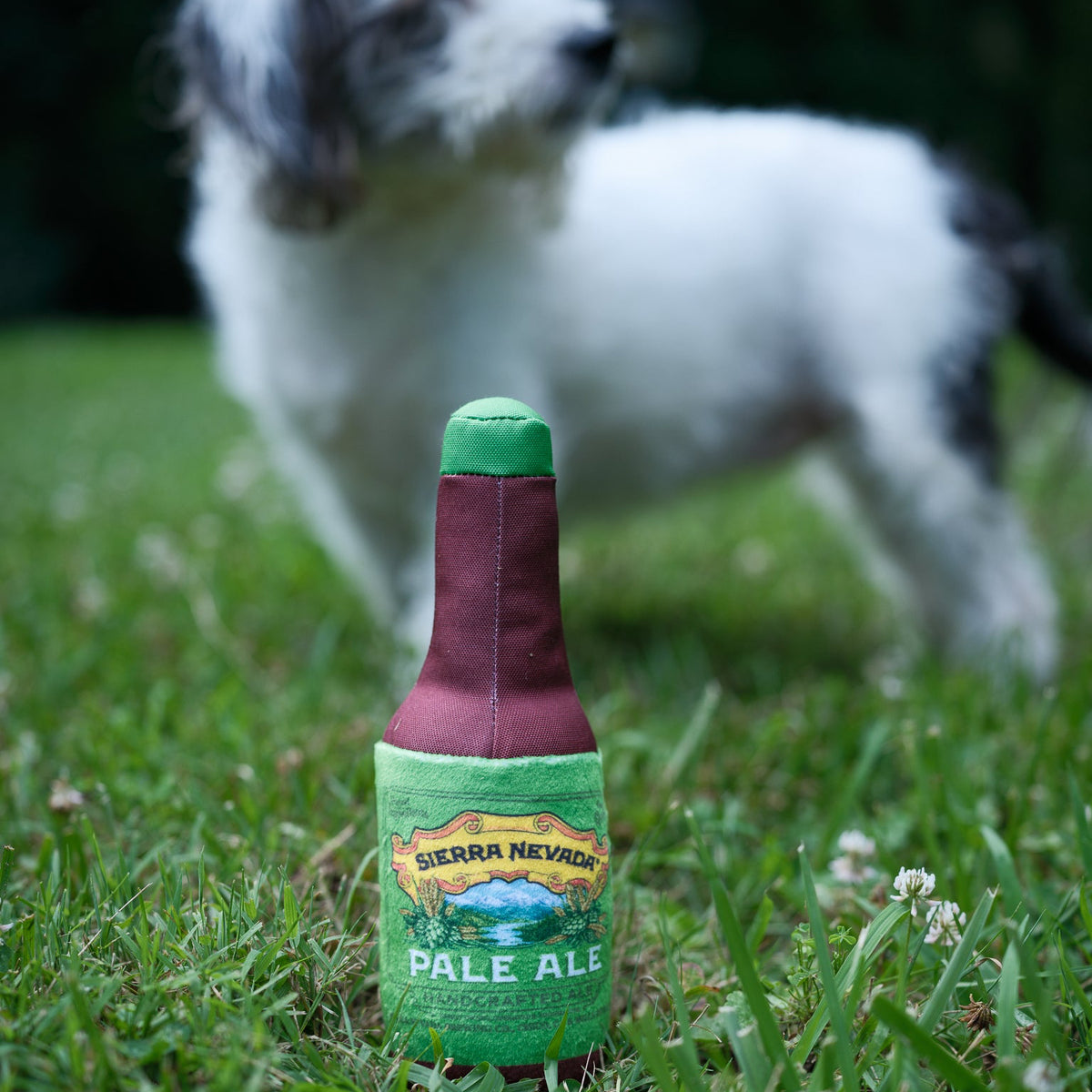 A dog toy shaped like a beer bottle with a green cap and a green label reading 'Sierra Nevada Pale Ale', placed on grass with a small dog blurred in the background.