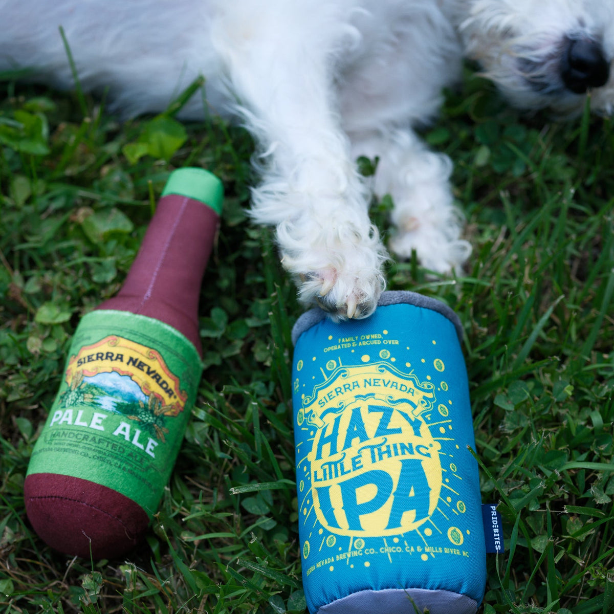 A white dog lying on green grass outdoors, interacting with two novelty dog toys shaped like a beer bottle and a blue can labeled 'Hazy Little Thing IPA'.