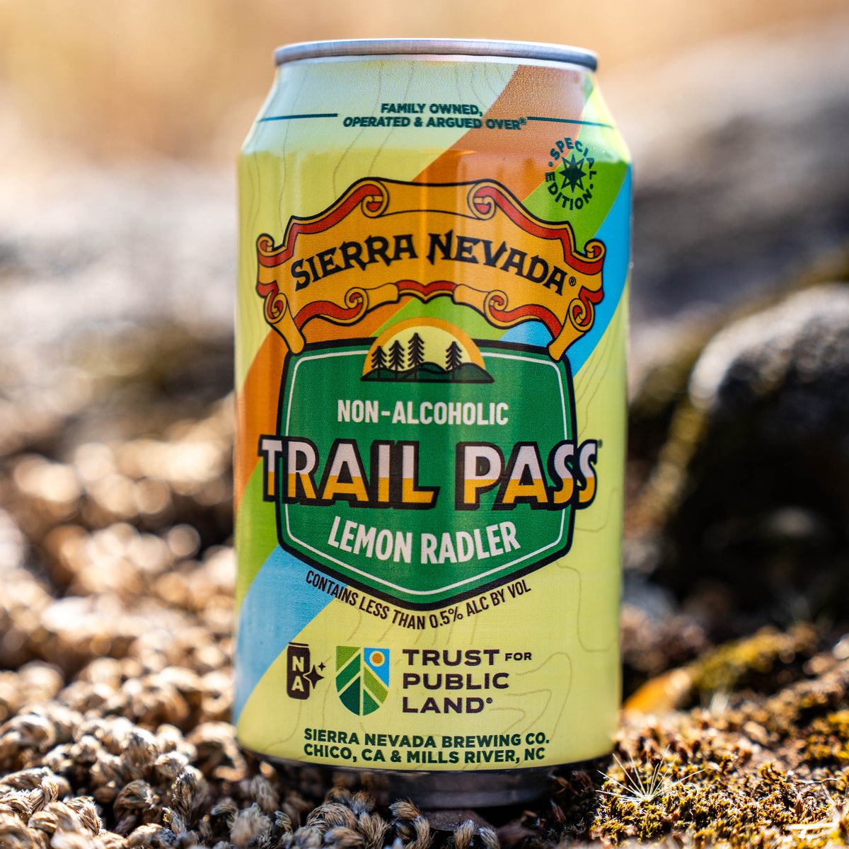 Sierra Nevada Trail Pass non-alcoholic lemon radler can on a natural background