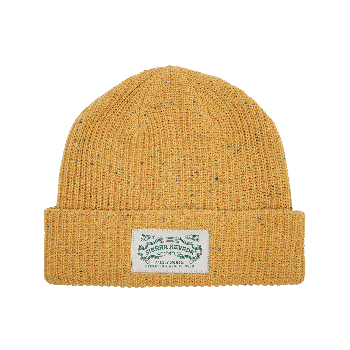 A mustard yellow knit beanie hat with subtle multicolor flecks throughout, featuring a folded cuff and a white rectangular brand patch that reads 'Sierra Nevada'.