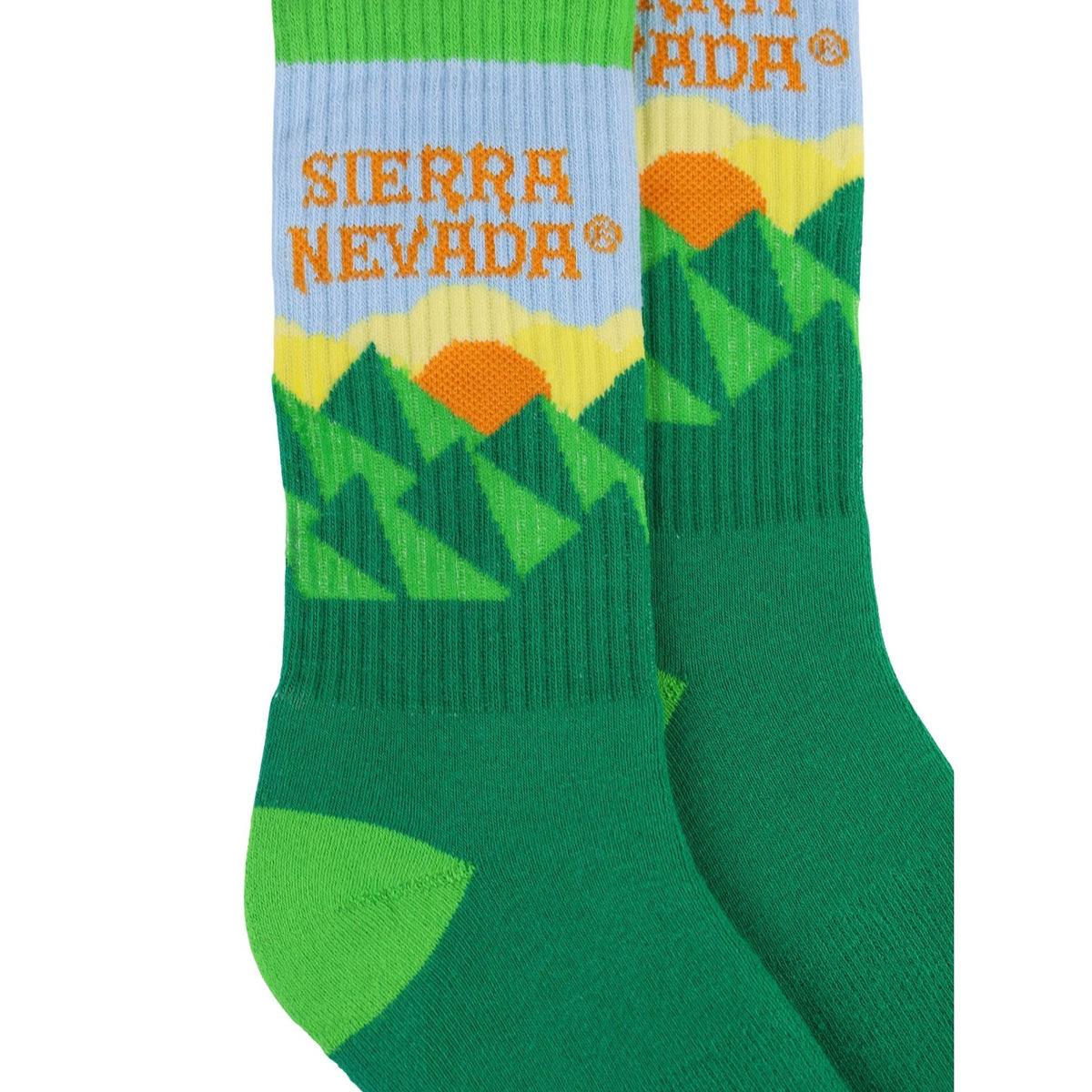 Green socks with mountain design and 'Sierra Nevada' text on a white background